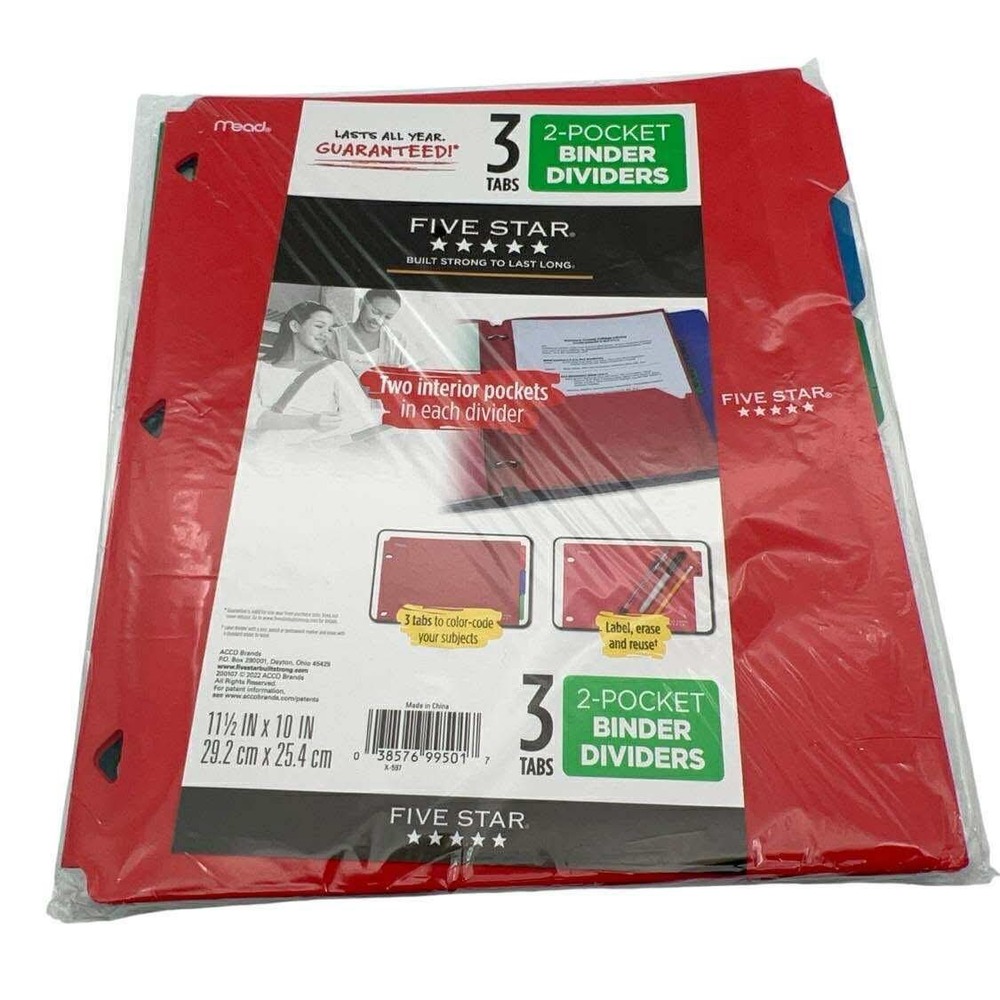 Five Star 3 Tab 2-Pocket Binder Dividers School Supplies New